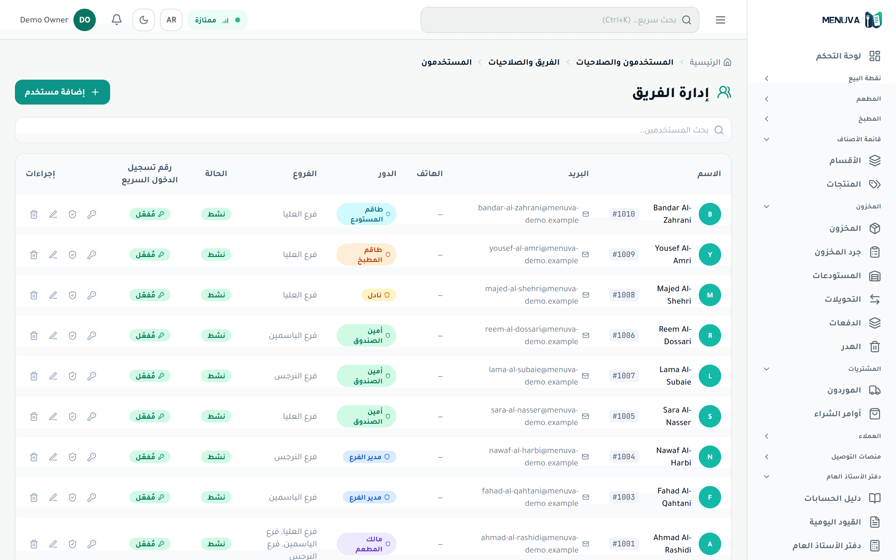إدارة الفريق: الموظفون بأدوارهم وفروعهم ورمز الدخول السريع